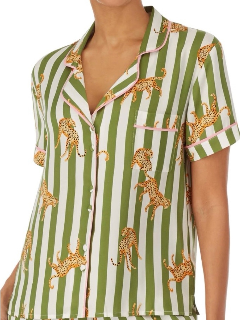 Women's Olive & White Striped Short Sleeve Pajama Top with Leopard Print